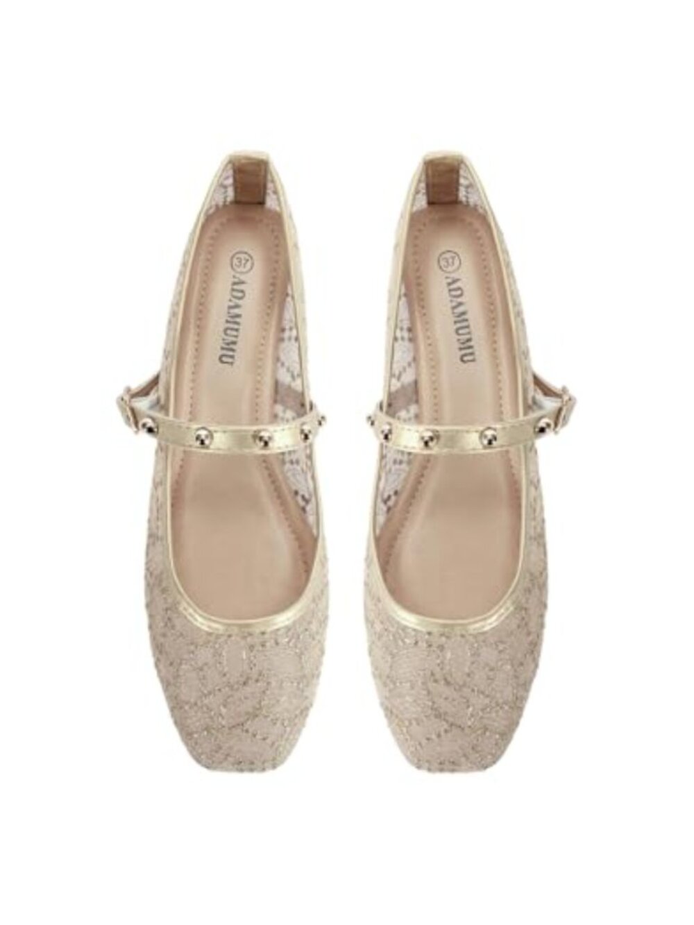 Women's Floral Embroidered Mesh Lace Ballet Flats Studded Strap Square Toe